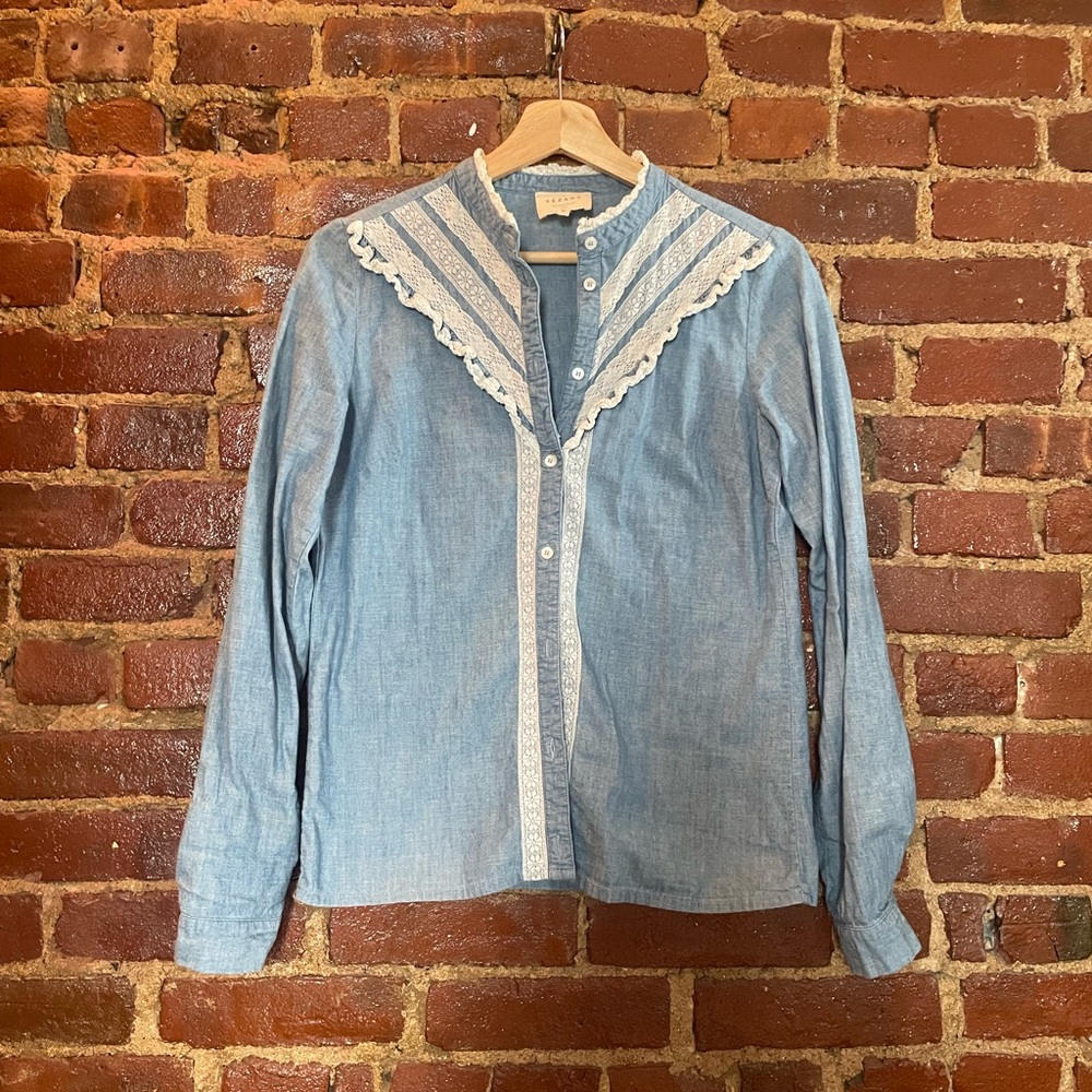 Sezane Denim Button-Down w/ Lace Detail - 34